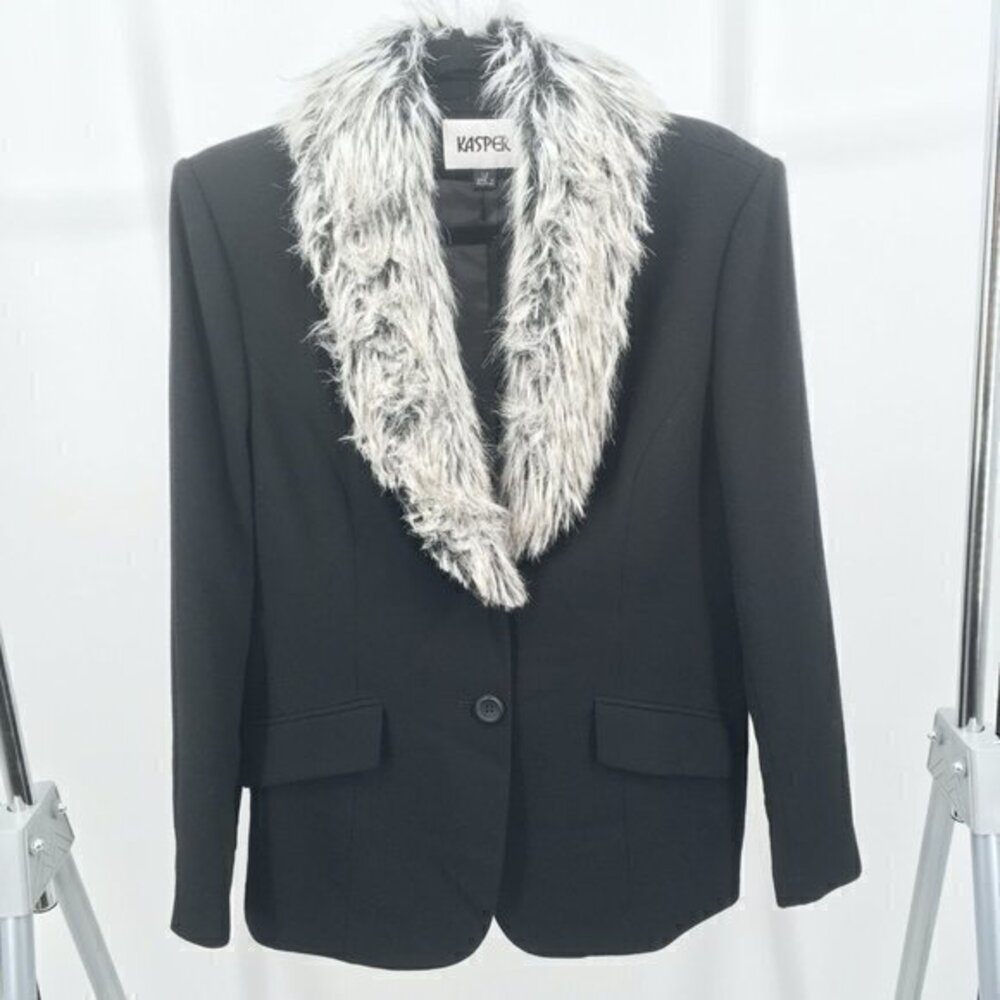 VTG Kasper 100% Wool Removeable Faux Fur Collar Blazer/Light Jacket 12 Black/Tan